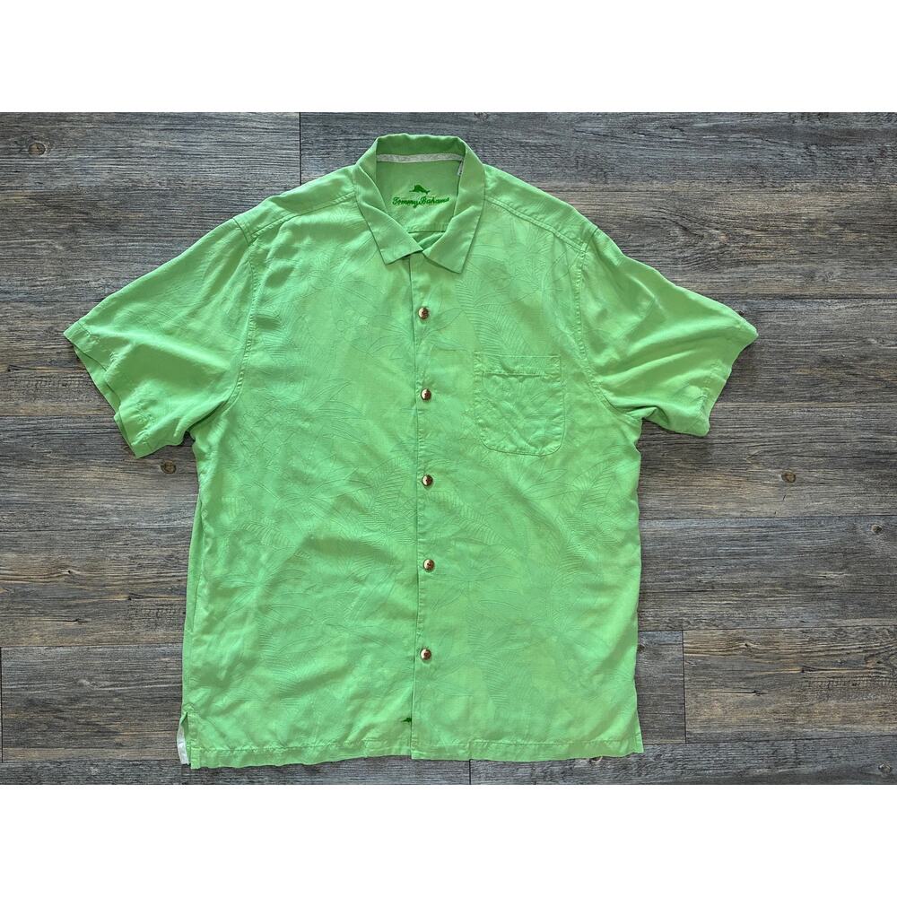 Tommy Bahama Mens XL Camp Shirt Lime Green Floral Palm Trees Hawaiian 100% Silk